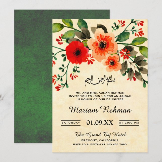 Vintage Floral Baby Girl Aqiqah Invitation (Front/Back)