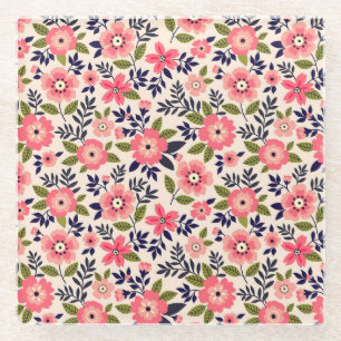 Vintage floral background, ditsy pink flowers. glass coaster