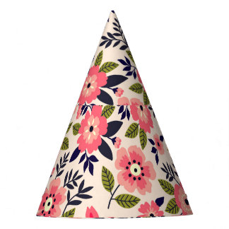 Vintage floral background, ditsy pink flowers. party hat