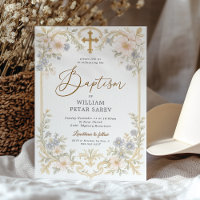 Vintage Floral Baptism Invitation Ornate Cross