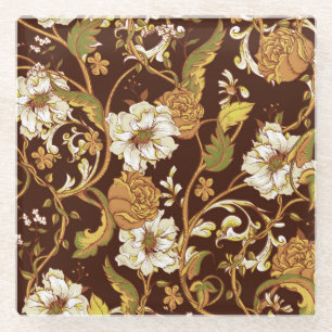 Vintage floral baroque: magnolias, roses pattern. glass coaster