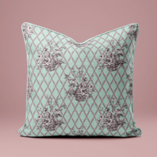 Vintage Floral Basket Throw Pillow in Mint Blue