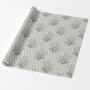 Vintage Floral Basket Wrapping Paper in Sage Green