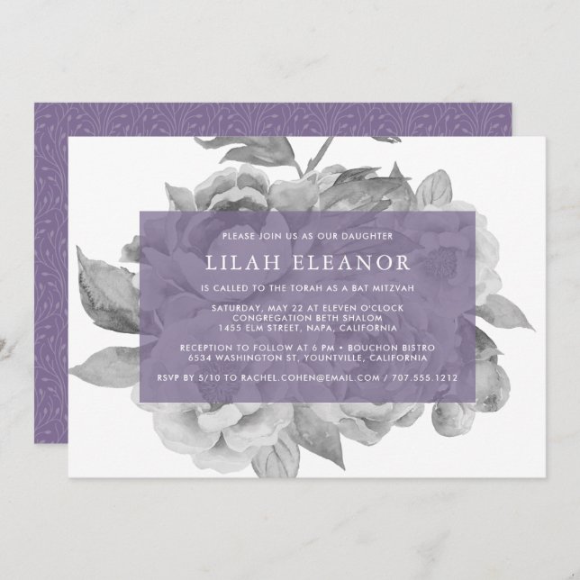 Vintage Floral Bat Mitzvah Invitation | Violet (Front/Back)