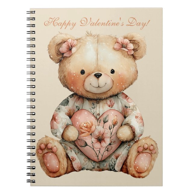 Vintage Floral Bear With Heart Valentine's Day Notebook (Front)
