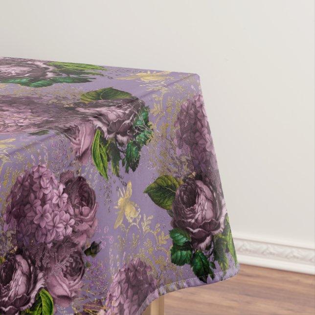 Vintage Floral Bees Damask Mauve Gold Tablecloth (In Situ)