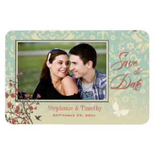 Vintage floral bird + damask save the date photo magnet