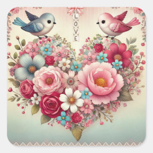 Vintage floral/bird/heart Valentine's Day Square Sticker