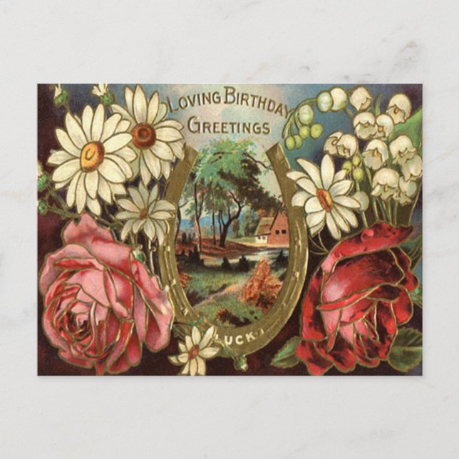 Vintage Floral Birthday Greeting Postcard (Front)