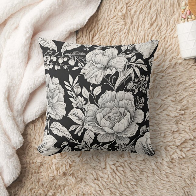 Vintage Floral Black and White Classic Cushion (Blanket)