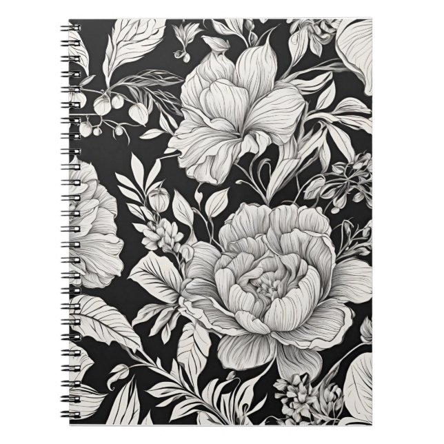 Vintage Floral Black and White Classic Notebook (Front)