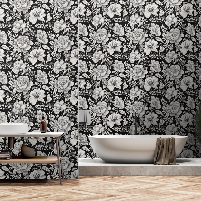 Vintage Floral Black and White Classic Wallpaper (Bathroom)