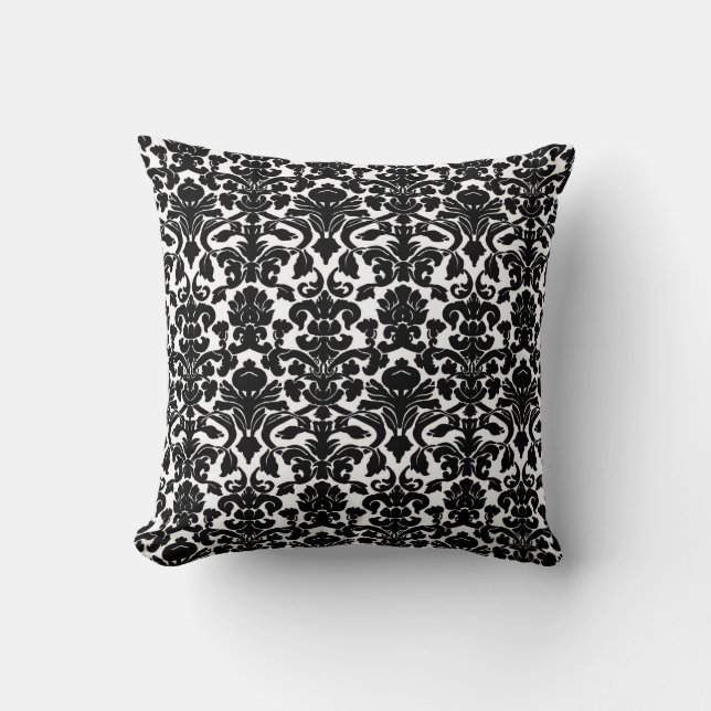 Vintage Floral Black and White  Damask Pillow (Front)