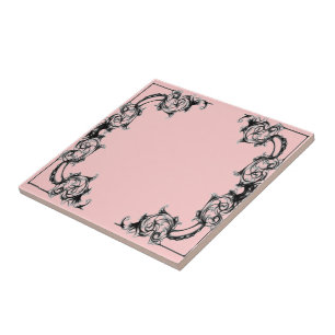 VINTAGE FLORAL BLACK AND WHITE PINK TILE