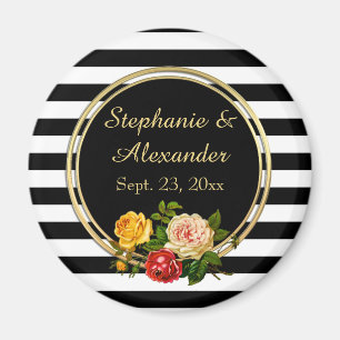 Vintage Floral Black and White Stripe Personalised Magnet