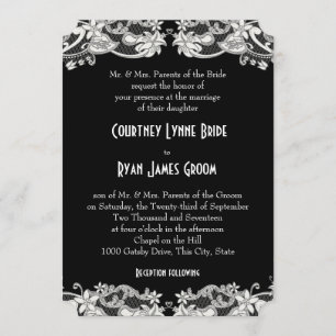 Vintage Floral Black and White Wedding Invitation