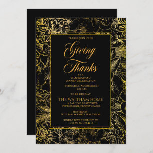 Vintage Floral Black   Gold Thanksgiving Dinner Invitation
