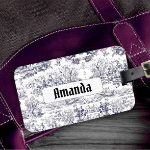 Vintage floral black toile de jouy monogram luggage tag