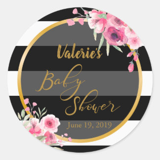 Vintage Floral Black White Stripe Classic Round Sticker