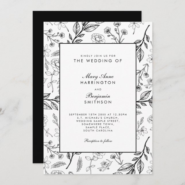 Vintage Floral Black White Wedding Invitation (Front/Back)