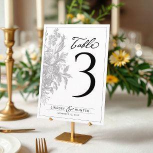 Vintage Floral Black & White Wedding Table Number
