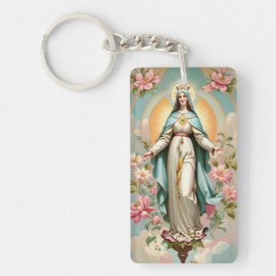 Vintage Floral Blessed Mother Mary Catholic  Key Ring