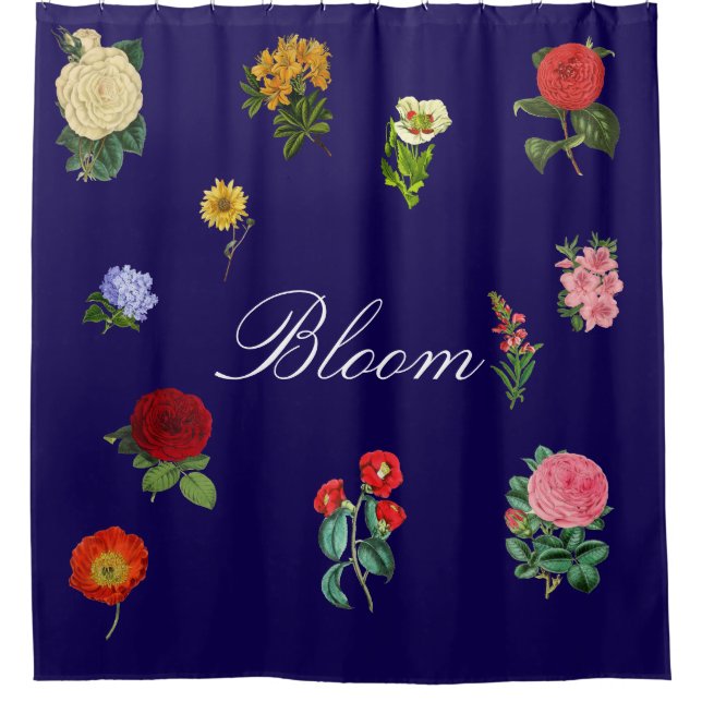 Vintage Floral Bloom Blue Large Rose Garden Shower Curtain (Front)