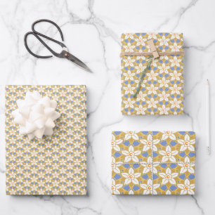 Vintage Floral blue and yellow Jonquil pattern Wrapping Paper Sheet