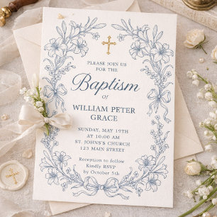 Vintage Floral Blue Baptism Invitation Suite