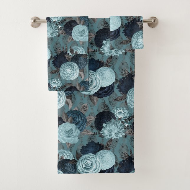  VINTAGE FLORAL BLUE BATHROOM TOWEL SET (Insitu)