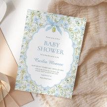 Vintage Floral Blue Bow Baby Boy Shower 