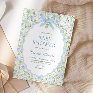 Vintage Floral Blue Bow Baby Boy Shower  Invitation