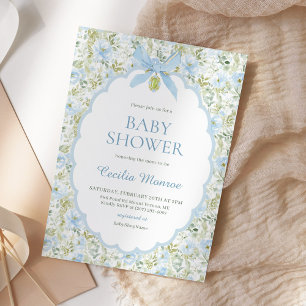 Vintage Floral Blue Bow Boy Baby Shower Invitation