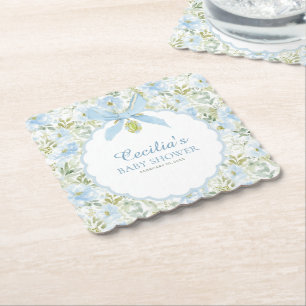 Vintage Floral Blue Bow Boy Baby Shower Paper Coaster