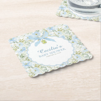 Vintage Floral Blue Bow Boy Baby Shower Paper Coaster