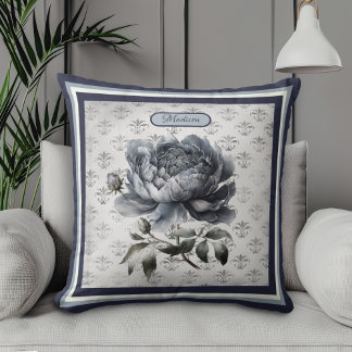 Vintage floral Blue chinoiserie toile monogram Cushion