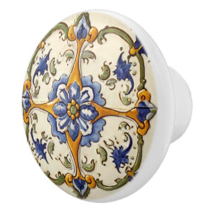 Vintage Floral Blue Flower on White Green & Yellow Ceramic Knob