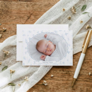 Vintage Floral Blue Oval Photo Baby Shower Thank You Card