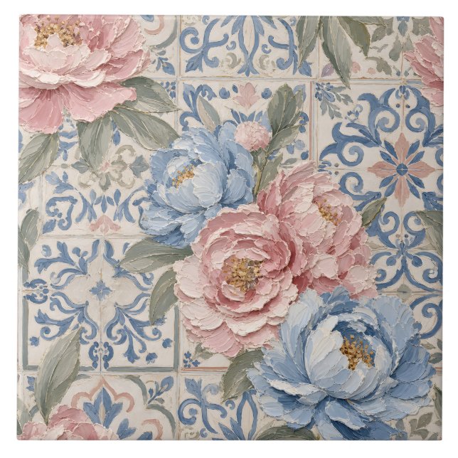 Vintage Floral Blue Pink Peony Tile Pattern (Front)