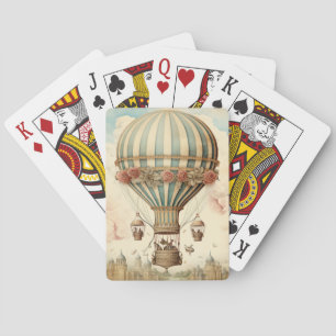 Vintage Floral Blue Stripe  Hot Air Balloon Playing Cards
