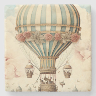 Vintage Floral Blue Stripe Hot Air Balloon Stone Coaster