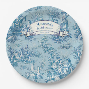 Vintage floral blue teal toile de jouy  paper plate