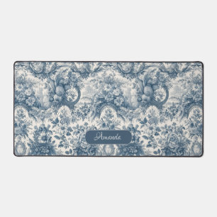 Vintage floral Blue toile de jouy monogram Desk Mat