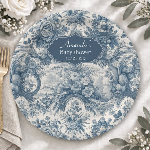 Vintage floral Blue toile de jouy monogram Paper Plate