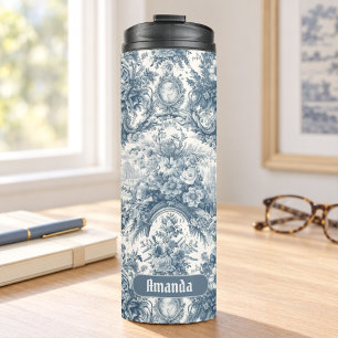 Vintage floral Blue toile de jouy monogram Thermal Tumbler