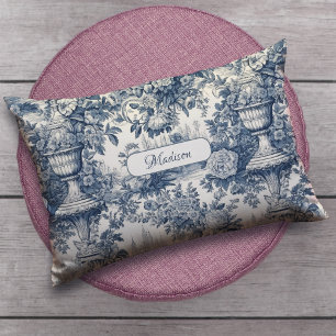 Vintage Floral Blue Toile Monogram Accent Lumbar Cushion