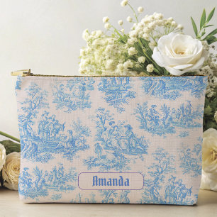 Vintage floral blue turquoise toile jouy monogram accessory pouch