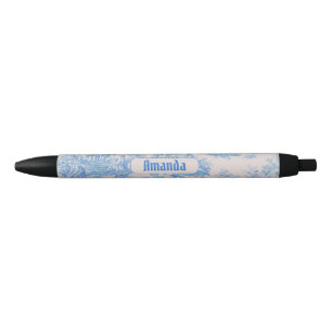 Vintage floral blue turquoise toile jouy monogram black ink pen