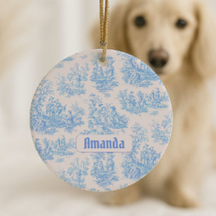 Vintage floral blue turquoise toile jouy monogram ceramic tree decoration