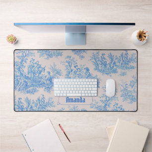 Vintage floral blue turquoise toile jouy monogram desk mat